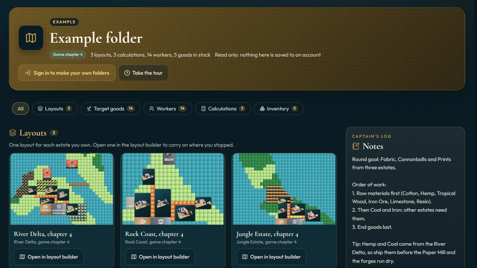 Inside the example folder: three layouts, the section tabs and the notes
