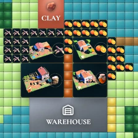 Port Liberty estate layout on an in-game map grid with production buildings, roads, a clay deposit, and warehouse